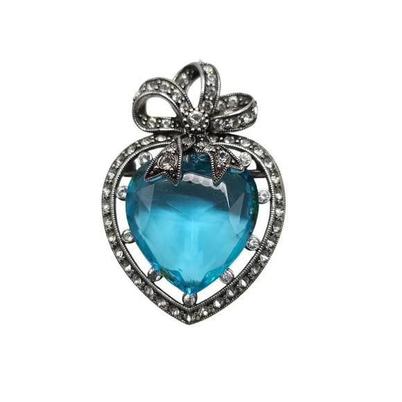 Joan Rivers Heart-Shaped Silver-Tone Blue Crystal Bow Brooch Pin 2" Vintage Jewe - Picture 1 of 4